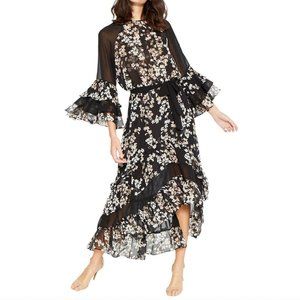 $420 Misa Los Angeles Black Floral Sheer Flutter Ruffle Dress size S Full A-Line